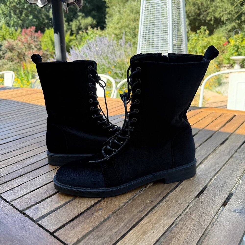 French Blu Black Velvet Lace-Up Ankle Boots With Side Zipper size 40